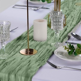 Peomeise Sage Green Cheesecloth Table Runner 10 Pack，17x108 Inches Boho Gauze Fabric Table Runner for Baby Shower Decoration Wedding Party