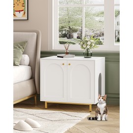 Hzuaneri Cat Litter Box Enclosure, Hidden Litter Box Furniture, Wooden Pet House Side End Table, Storage Cabinet Bench, Fit Most Cat and Litter Box, Living Room, Bedroom, White and Gold CB85003G