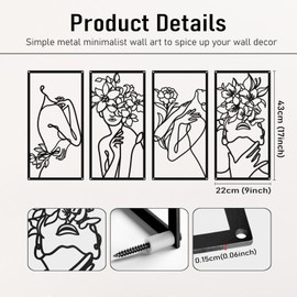Bakovity Bakovity Black Metal Wall Decor, Abstract Woman Wall Art, Minimalist Line Wall Decor, Modern Aesthetic Metal Wall Art for Bedroom Bathroom Living Room (4 Pcs, 17 x 9 in)