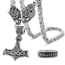 BAVIPOWER Viking Mjolnir Necklace For Men With Wolf Head Chain, Stainless Steel Thors Hammer Necklace Pendant Norse Pagan Jewelry (Square Byzantine Chain, 20)