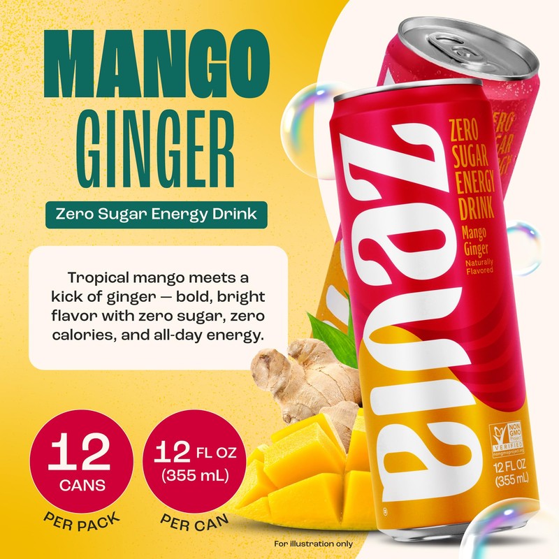 Zevia Zero Sugar Energy Drink, Mango Ginger, 12 oz Cans