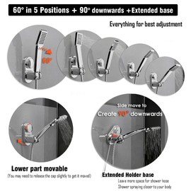 Handheld Shower Head Holder - 5 Positions Adjustable + 90° downwards - Adhesive Wall Mount - Fits Large showerhead - Wider Slot For Universal Fits - Polished Chrome