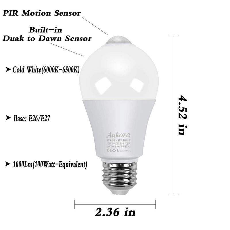 Aukora Motion Sensor Light Bulbs, 12W (100-Watt Equivalent) E26 Motion