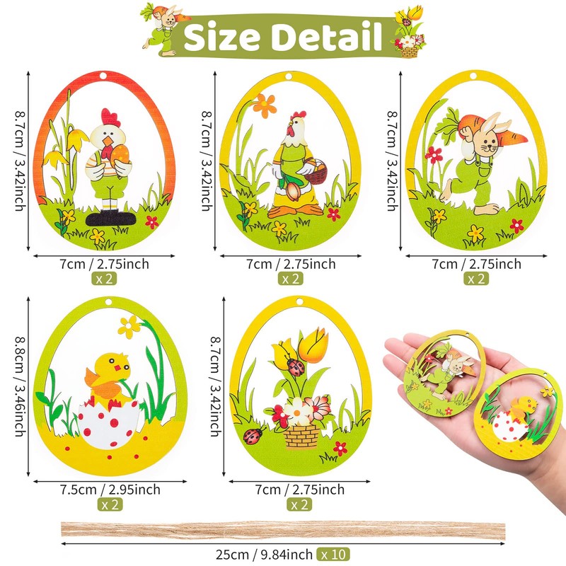 MELLIEX Pack of 10 Wooden Easter Pendants, Hollowed Easter Eggs