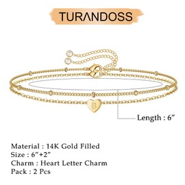 Turandoss Layered Heart Initial Bracelets for Girls, 14K Gold Filled Everyday Layered Beads Chain Heart Charm Initial Bracelets for Teen Girl Women Bracelet with Initials B