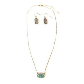 Jp Small Druzy Quartz Crystal Gemstone Jewelry Oval Necklace Earrings Set Gold Tone (Multi Color Blue Green)
