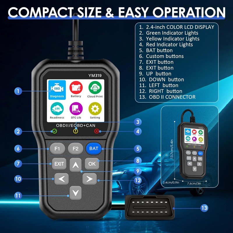 Anluomania OBD2 Diagnostic Device Car, Car Reader with OBD2 Functions,