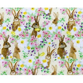 100% Cotton Fabric - Spring Flowers & Hare Print on Yellow - Fabric Craft Material Metre