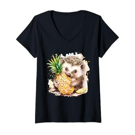 Womens Pineapple Hedgehog Watercolor Artwork Drawing Wildlife V-Neck T-Shirt