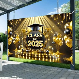 BlissYard Black and Gold Graduation Decorations Class of 2025 Backdrop 71x43 Inch Polyester Banner for High School and College Graduation Party Supplies and Photo Booth