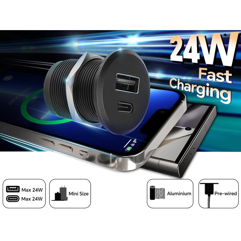 CamperXlite RV USB C Outlet 12V/24V All-aluminum QC 3.0 USB
