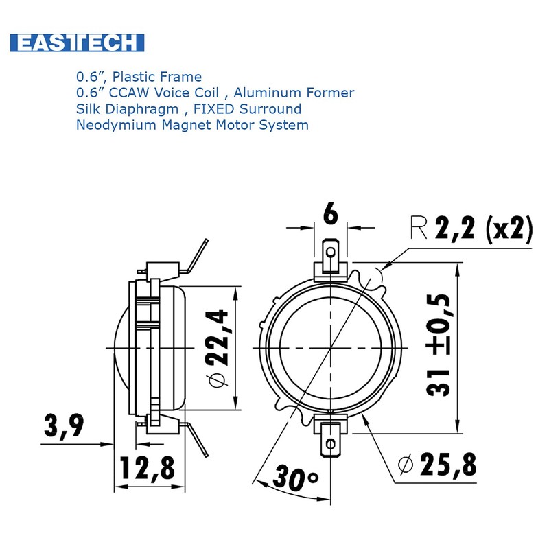 EASTEC FIADT1010-0400 Silk Dome Tweeter Unit 0.8" (20mm) 4Ω/10W Rated