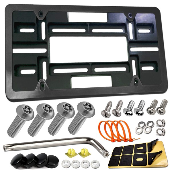 BGGTMO Front License Plate Mounting Kit- Universal License Plate Bracket & Black Aluminum Car Tag Frame for 2 Drill Hole Front Bumper, Adapter Holder with Anti-Theft Screws Bolts Caps Cover Fastener
