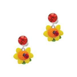 Delight Jewelry Fimo Clay Sunflower with Ladybug - Large Red Crystal Clip on Earrings