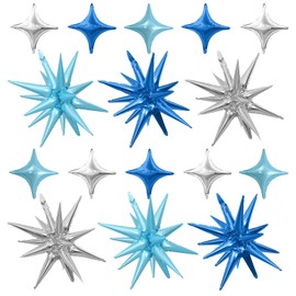 Blue Silver Star Balloons,Explosion Star Balloons Kit with 6Pcs 22Inch Cone Star Foil Balloons and 10Pcs 10Inch Four Pointed Star Balloons for Birthday Anniversary Disco Party Decorations