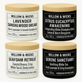 Candle Sampler – 4pc 4oz Tin Set | Lavender Sandalwood, Citrus Eucalyptus, Seafoam Retreat & Serene Sanctuary – Soy Wax Gift Set