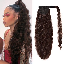 YEAME Corn Wave Ponytail Extension Clip in - 22 Inch Long Wavy Curly Wrap Around Pony Tail Heat Resistant Synthetic Hairpiece for Women (Medium Brown #4)