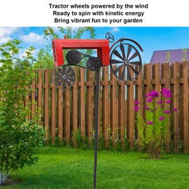 BTSEURY Tractor Wind Spinner Vintage Turning Wheels, Garden Stake Decoration, Metal Outdoor Stake Windmill Decoration for Flower Bed Lawn Garden (Red)