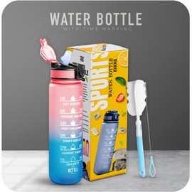 K-MART Sports Water Bottle with Straw and Time Marking, and 32OZ Capacity - Motivational and Eco-Friendly BPA-Free Bottle for Running, Gym, Yoga, Outdoors, and Camping (Style-1, Pink-Blue)