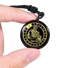 TUMBEELLUWA Aquarius Constellation Necklace Black Obsidian Crystal Stone Pendant Amulet with Adjustable Cord