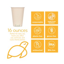 100% Compostable Disposable Coffee Cups [16oz 320 Pack] Paper Cups Made from Bamboo, Eco-Friendly, Biodegradable Premium Party Cups, Natural Unbleached by Earth's Natural Alternative