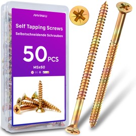 ANVINKU Wood Screws 50 Pcs, M5 x 60mm Screws for Wood, Color Zinc Wood Screws Assortment, Countersunk 60mm Wood Screws, M5 Self Tapping Wood Screws, Assorted Screws for Furniture Repairs
