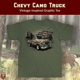 Vintage Goods Apparel Men's Retro Feel Graphic T-Shirt, Chevy Camo Truck - Throwback Chevy Tee, Gift for Classic Pickup Truck Guys, Hunters, Chevy Enthusiasts, Outdoorsmen (Military Green, Large)