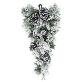 Fraser Hill Farm 30" Christmas Snow Flocked Teardrop Door Swag with Pinecones, FF030CHTD001-0SN