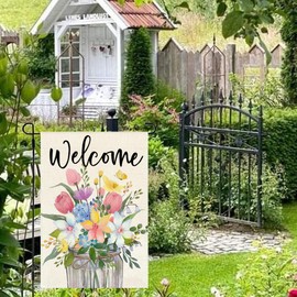 ARGOOFG Spring Floral Garden Flag 12x18 Inch Double Sided Outside Welcome Tulip Daffodil Mason Jar Flowers Leaves Outdoor Seasonal Decorative Holiday Yard Flag Decor 2-12