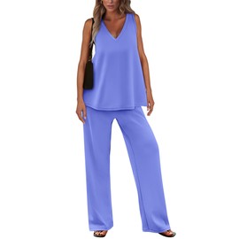 PRETTYGARDEN Women's 2 Piece Summer Tracksuits Sleeveless V Neck Tank Top Wide Leg Pants Casual Knit Outfit Sets (Blue,Large)