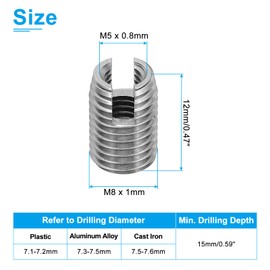 PATIKIL Self-Tapping Threaded Inserts, 20 Pcs M5 x M8 x 12mm 303 Stainless Steel Thread Adapter Reducer Slotted Screw Repair Inserts Nuts Sleeve
