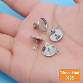 50 Stainless Steel 12mm Blank Stud Earring Bezel with Level Loop+100 Backs Set, Blank Cabochon Setting Kits Post Cup Findings Earring Jewelry Making Supplies 0125