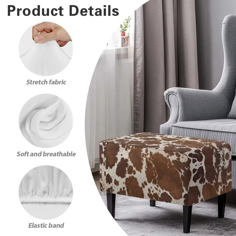 Talayituse Brown Cow Print Stretch Velvet Ottoman Slipcover Rectangle Folding