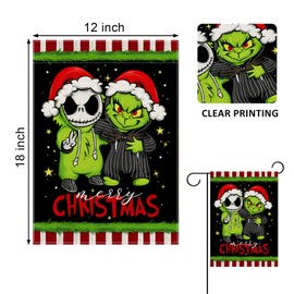 Covido Merry Christmas Decorative Garden Flag, Xmas Jack Skellington Green Yard Outside Decorations, Funny Winter Holiday Farmhouse Outdoor Small Burlap Home Decor Double Sided 12 x 18