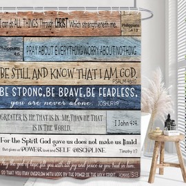 Yookeb Bible Verse Christian Bathroom Shower Curtain 71W by 71H Inch Farmhouse Rustic Quotes Inspirational Motivational Positive Wood Wooden Fabric 12 Plastic Hooks Waterproof Decor