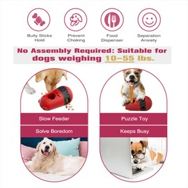 Dog Puzzle Toys Dog Treat Dispensing with Bully Sticks Holder Security Hold Device Interactive Toy to Keep Them Busy Puppy Slow Feeder ,Securely Holds Bully Sticks to Help Prevent Choking. (D-Red)