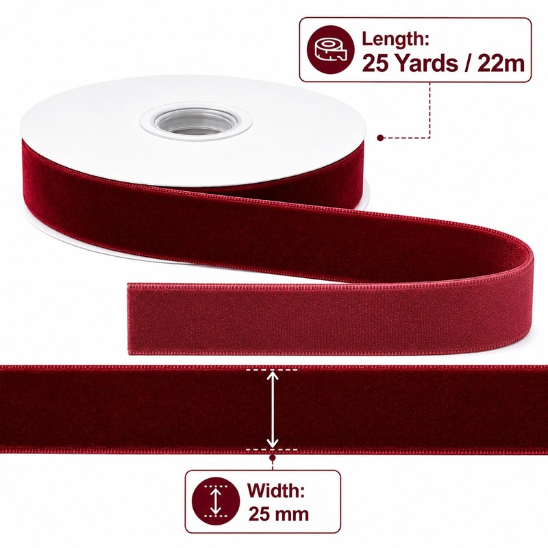 G2PLUS 25mm Burgundy Christmas Velvet Ribbon for Gift Wrapping: 25