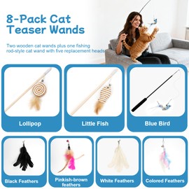 Goosheep 8 Pack Cat Wand Toy Cats Toy (2 Solid Wood Teases+1 Extendable Teaser Wand with 5 Replacement Heads