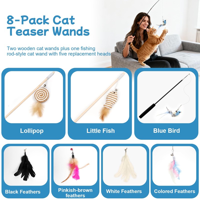 Goosheep 8 Pack Cat Wand Toy Cats Toy (2 Solid