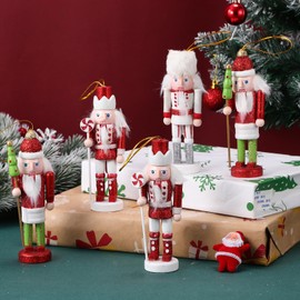 PartyKindom Christmas Nutcracker Ornaments: 5pcs Nutcracker Christmas Decor Glitter Wooden Soldier Figurines Nutcracker Puppets Decor for Xmas Tree Decorations Home Decor