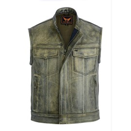 A&H Apparel Mens Genuine Cowhide Leather Biker Vest - Motorcycle Gear with Pockets - Sleeveless Motorwear & Top Coat (Distressed, L)