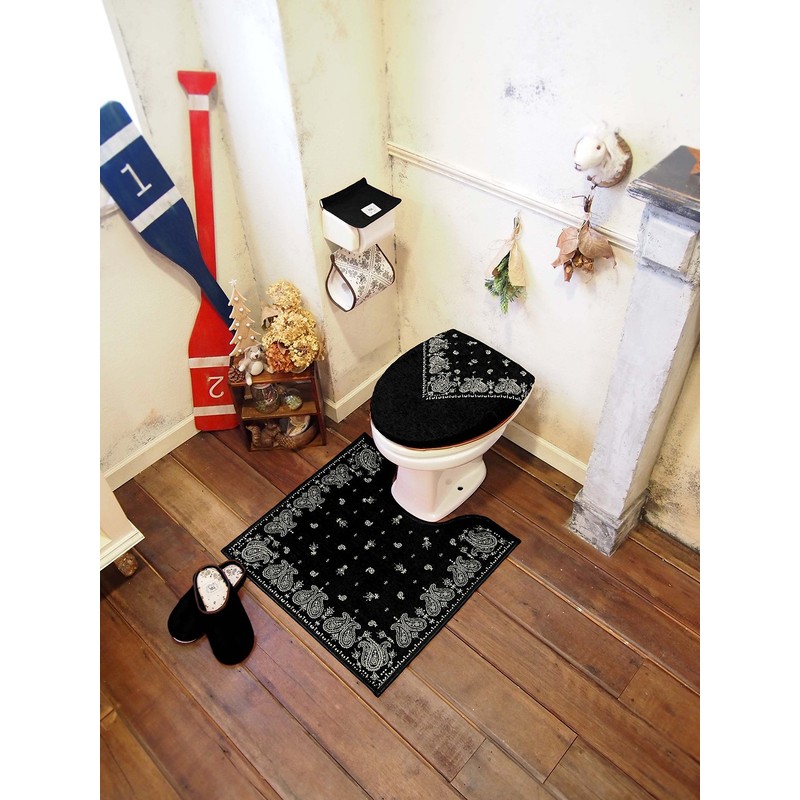 オカトー トイレフタカバー ブラック U型 O型兼用 ツリーオブライフ バンダナ柄