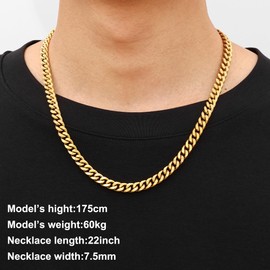 Fiusem Gold Plated Chain Necklace for Men, 7.5mm 14K Gold Plated Stainless Steel Cuban Link Chain Necklace, Men's Chains 18 Inch