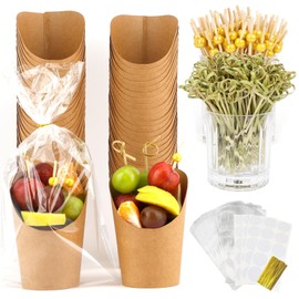 Charcuterie Box,60 Sets Charcuterie Cups,Charcuterie Accessories,Snack Cup,Charcuterie Cones,12oz French Fries Holder with Cocktail Bamboo Skewers Toothpicks 60 Cups+200 Sticks+60 Bags+60 Labels