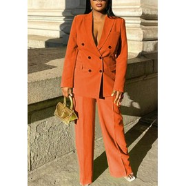 Pants Suit for Women 2 Piece Outfits Fashion Long Sleeve Double Breasted Blazer and Wide Leg Pants Set Orange