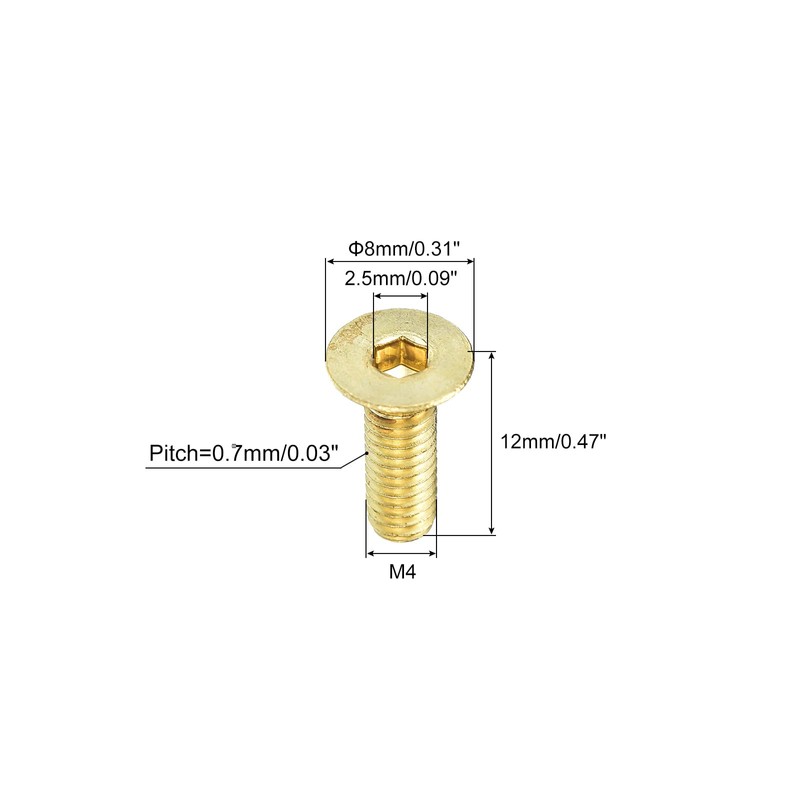 uxcell Flat Head Socket Cap Screws, M4-0.7 x 12mm Brass