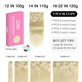 SUYYA Clip in Hair Extensions Real Human Hair 14 inch 110g 7pcs Platinum Blonde Hair Extensions Real Human Hair Clip ins Silky Straight Human hair Extensions Clip ins Double Weft (14 inches #60)