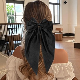 Flomiara Hair Bows for Women, Ribbon Ponytail Holder Accessories Slides Metal Hair Clips, Accessories Hairdresser Bow Solid Color Barrette Clips Soft Satin Silky Hair Bow for Women Girls, Black