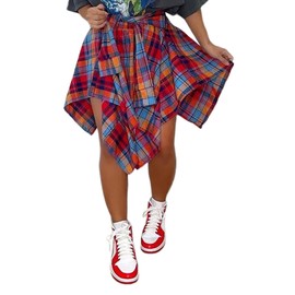 Women's Plaid Skirt Elastic High Waist Bow Tie Front Stretch Irregular Hem Pleated Mini Skirts with Belt Multicolor