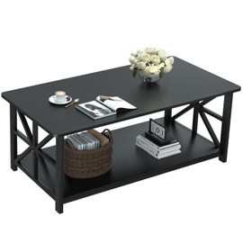 GreenForest Coffee Table with Round Corner, Farmhouse Center Table with 2-Tier Storage Shelf X-Frame Design for Living Room, 39 inch Black